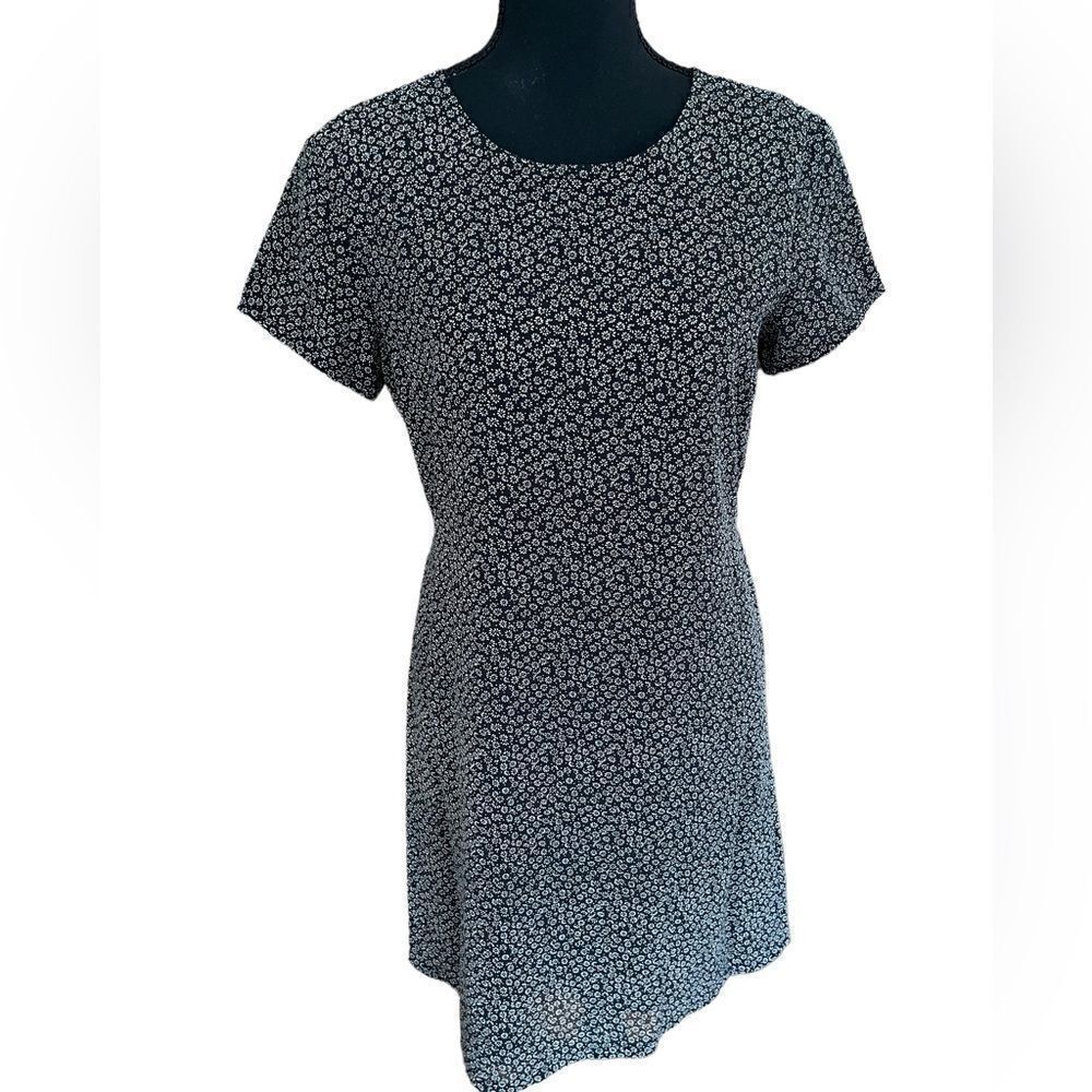 JUNIE black/cream floral dress with tie back, lined, size Small